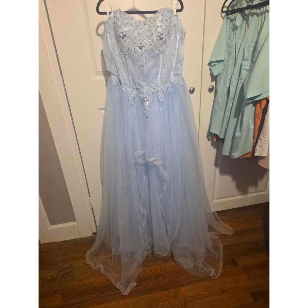 Light Blue Beaded Corset Ball Gown Formal Prom Dress Lace Tulle Cinderella
